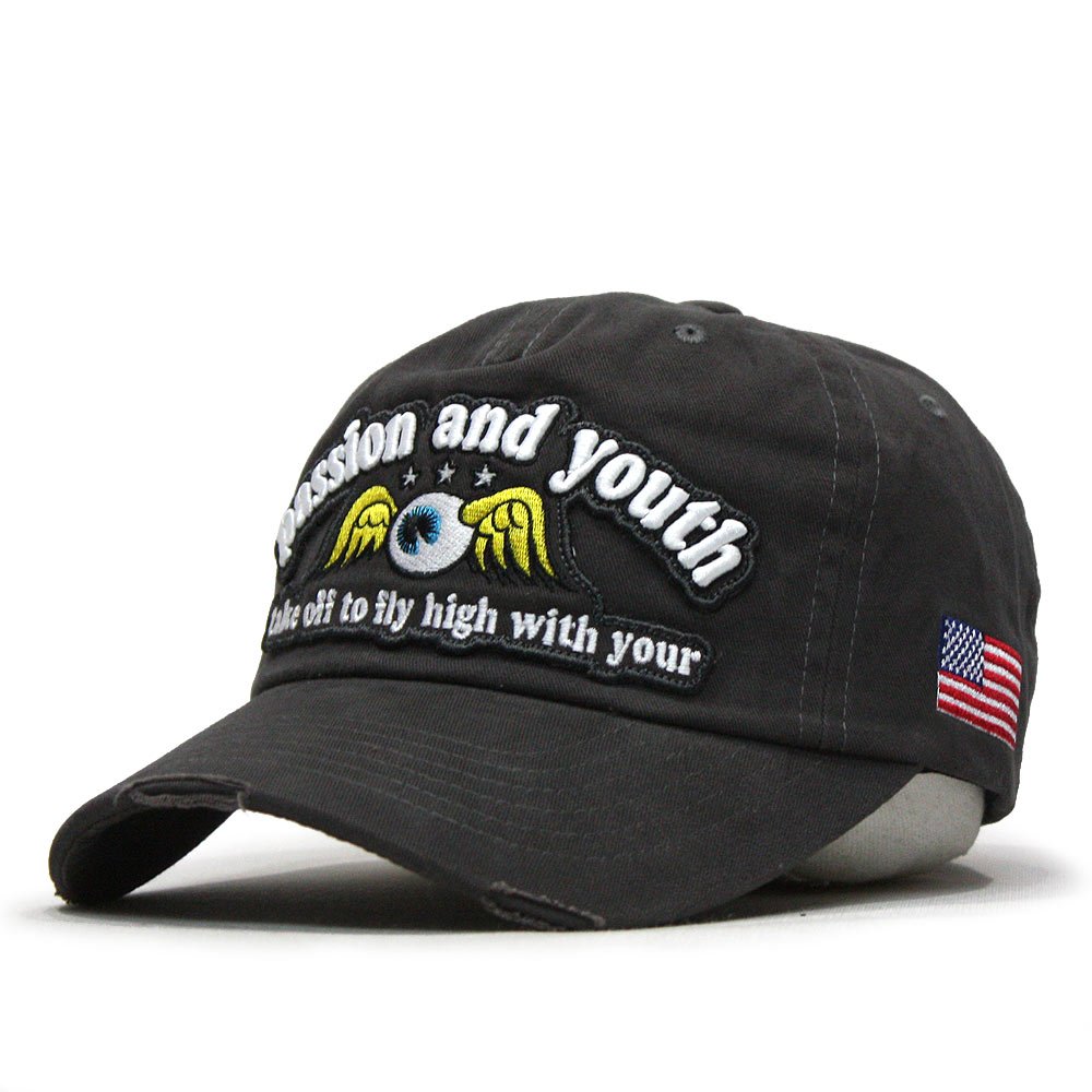 Von Dutch US Flag Distressed Brim Cotton Adjustable Baseball Cap (Charcoal Gray)