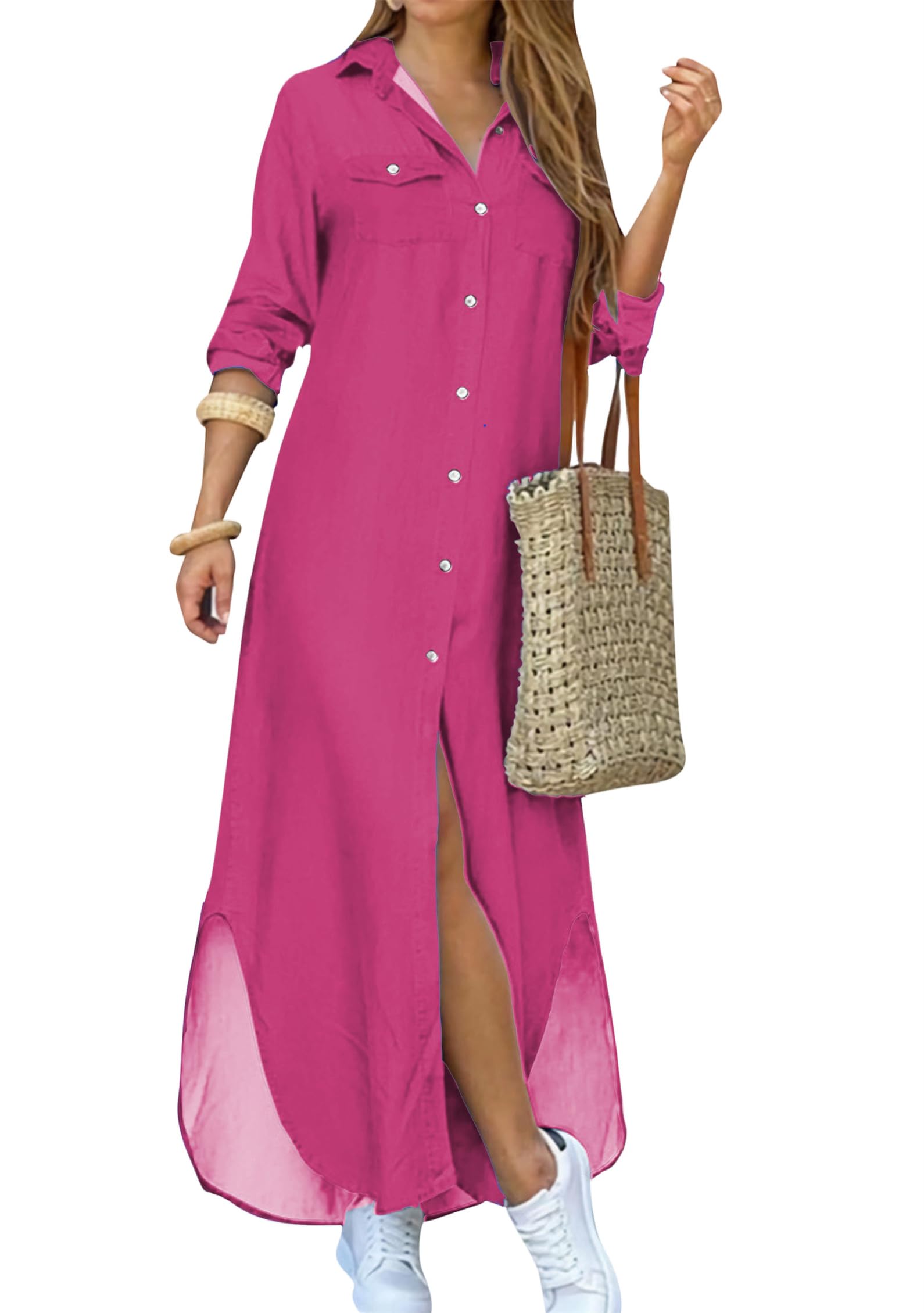 DIACACY Women's Casual Lapel Collar Floral Print Maxi Dresses Side Slit Long Sleeves Loose Slim Shirt Dresses