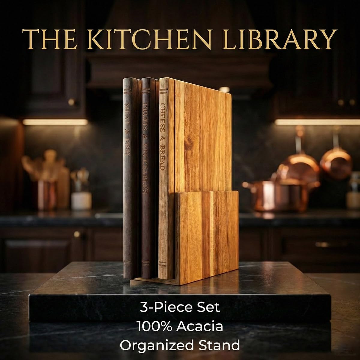 Profi Schneidebrett Holz Set mit Ständer in Buchoptik - 3x Gleiche Größe Holzschneidebrett Set - Robustes Küchenbrett Holz für Fleisch & Brot - Book Cutting Board Set - Schneidebrett Bücher