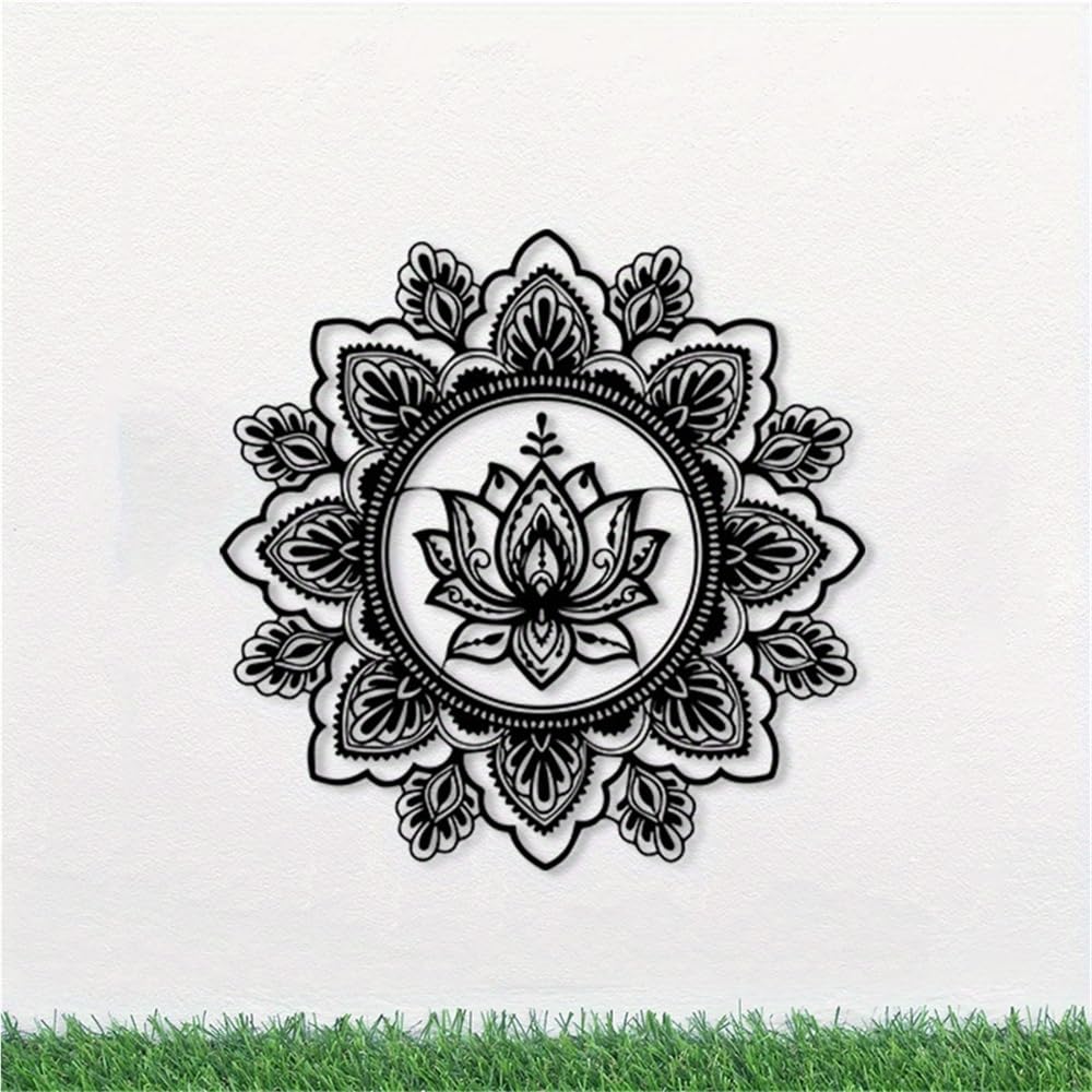 Decoración de pared abstracta contemporánea de metal con arte de loto, mural de mandala de flores de hierro, jardín zen para exteriores para espacio de meditación, estudio de yoga o patio (50 cm/