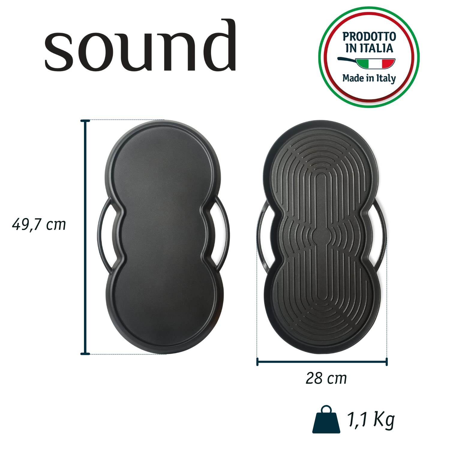 TVS SOUND Piastra Griglia Multiuso Antiaderente in Alluminio Pressofuso 50x28 cm, Doppia Superficie, Doppia Funzione, Per gas e forno No induzione, Made in Italy