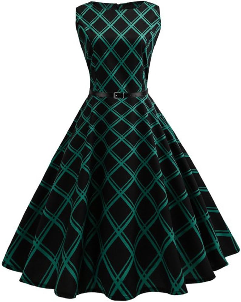 Severkill Women Vintage Floral Bodycon Plaid Sleeveless Casual Evening Party Swing Dress 1950s Retro Dresses