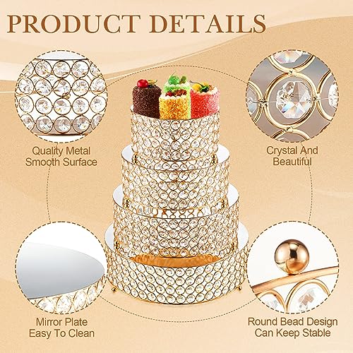 Uiifan 4 Pcs Crystal Gold Cake Stand Set 4 Size Elegant Round Dessert Display Metal Cupcake Stand with Mirror Plate Crystal Beads for Party Birthday Festival Anniversary Holiday 8/10/ 12/14'' - Image 4
