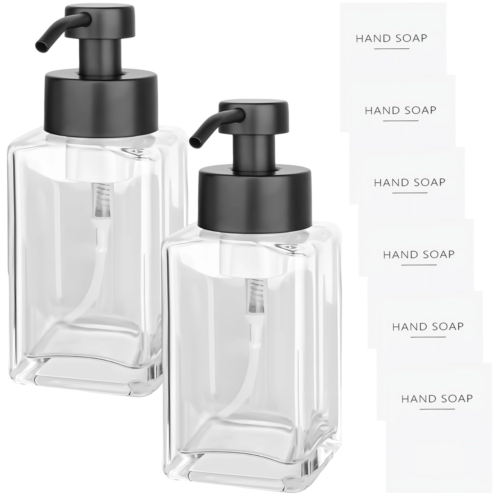 2 STK. Schaumseifenspender aus Glas, 12 oz Glas-Seifenspender mit Pumpkopf, nachfüllbare Flasche für Bad und Küche, rechteckig, mit 6 Etiketten für Ordnung