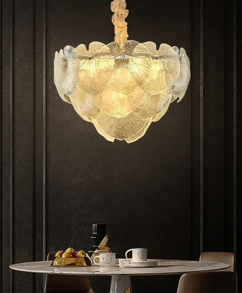 Image of Luxury Leaf Glass Chandelier for Bedroom & Living Room | Elegant Golden Ceiling Hanging Light for Dining Area, Hall & Home Interiors | Designer Chandelier for Modern Decor