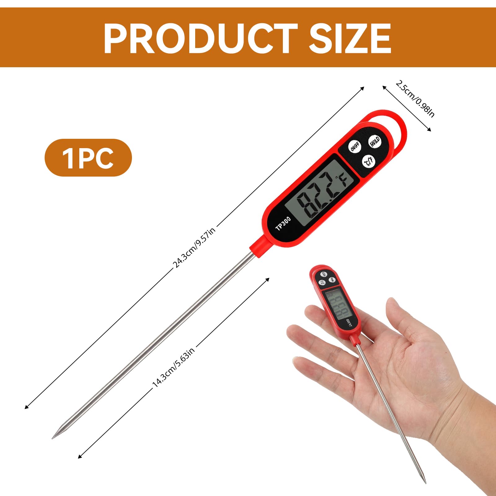 Digitales Küchenthermometer mit langer Sonde, sofortiges Lebensmittelthermometer mit LCD-Display, Messbereich -50 °C bis 300 °C, schnelle Ablesung 3 – 5 s, Hold-Funktion °C/°F, für Fleisch, BBQ