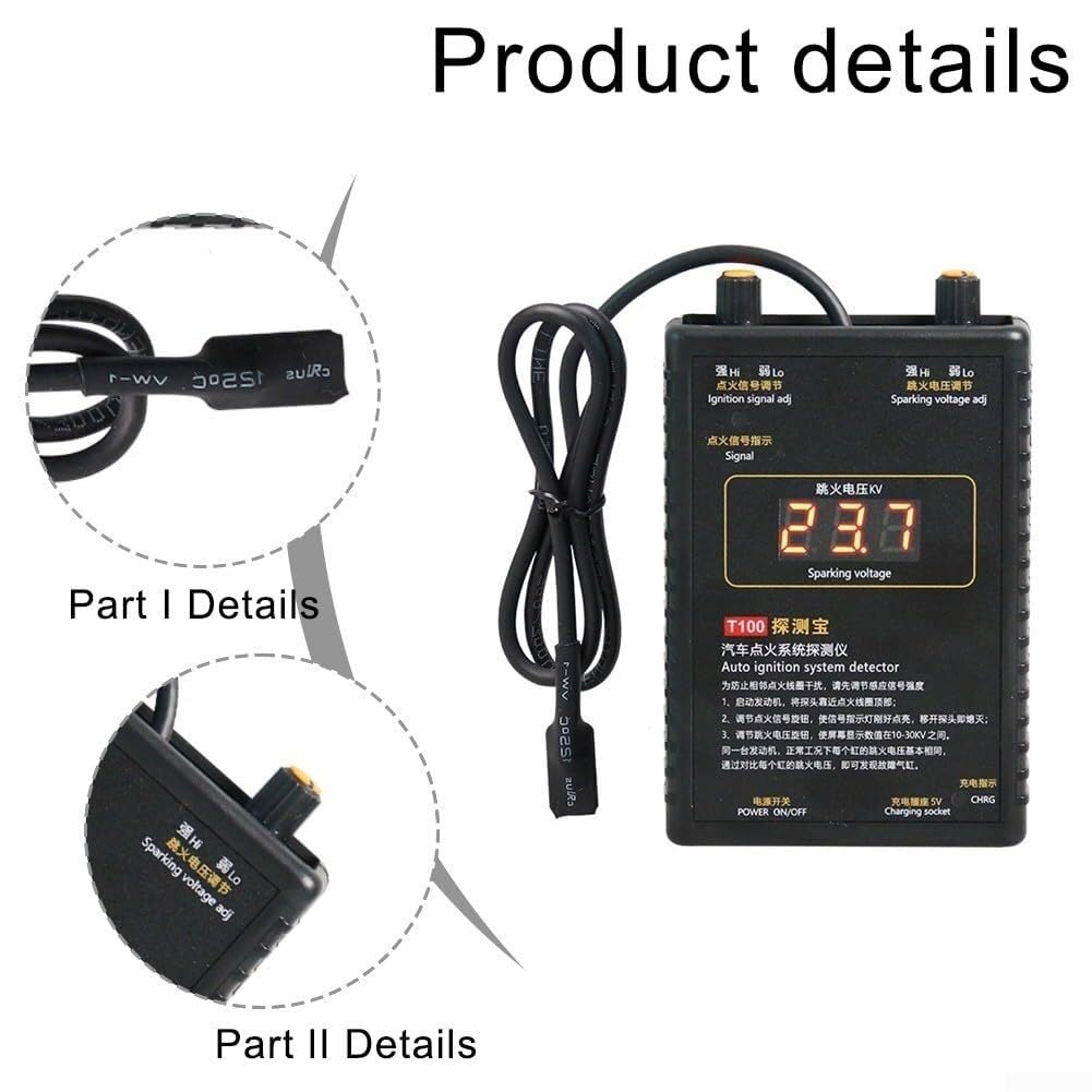 Testador del sistema de encendido del automóvil T100 Analizador de bobina de encendido 0-50kV Detector de tensión de chispa para motores portátiles de 12V 24V y gas natural