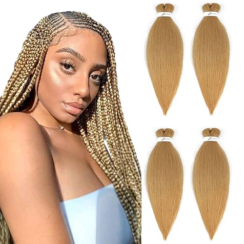 SOKU Extensiones de cabello trenzado preestiradas de 24 pulgadas, paquete de 4 paquetes de trenzas de caja color rubio miel fresa, trenzas