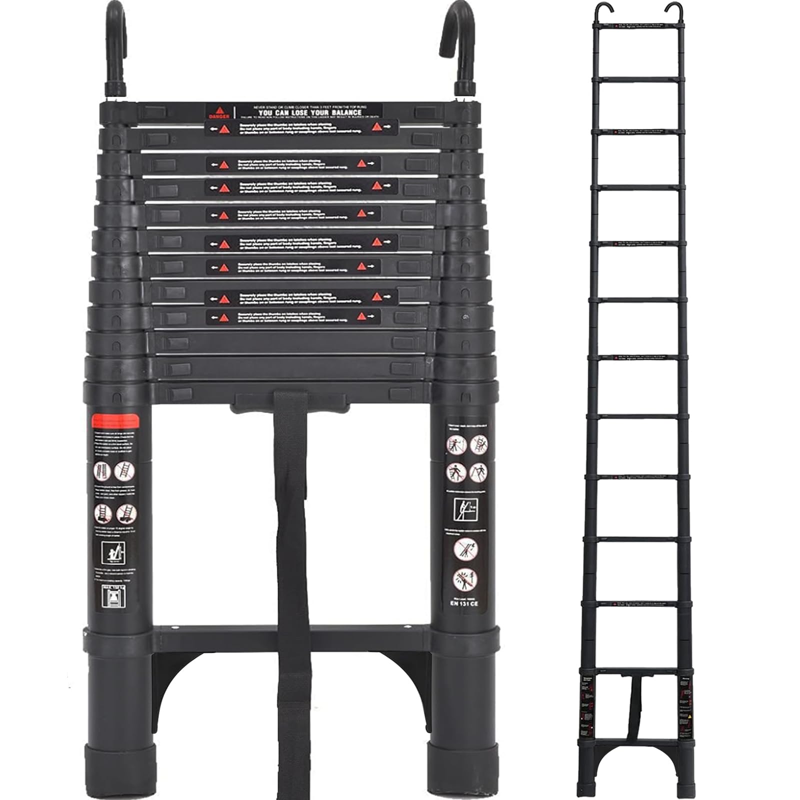 Aluminum Telescoping Ladder, 3.8M/12.5FT Portable Extension Ladder with 2 Detachable Hooks Extendable Folding Ladder Anti-Slip Loft Ladder with Certificate EN 131, Black