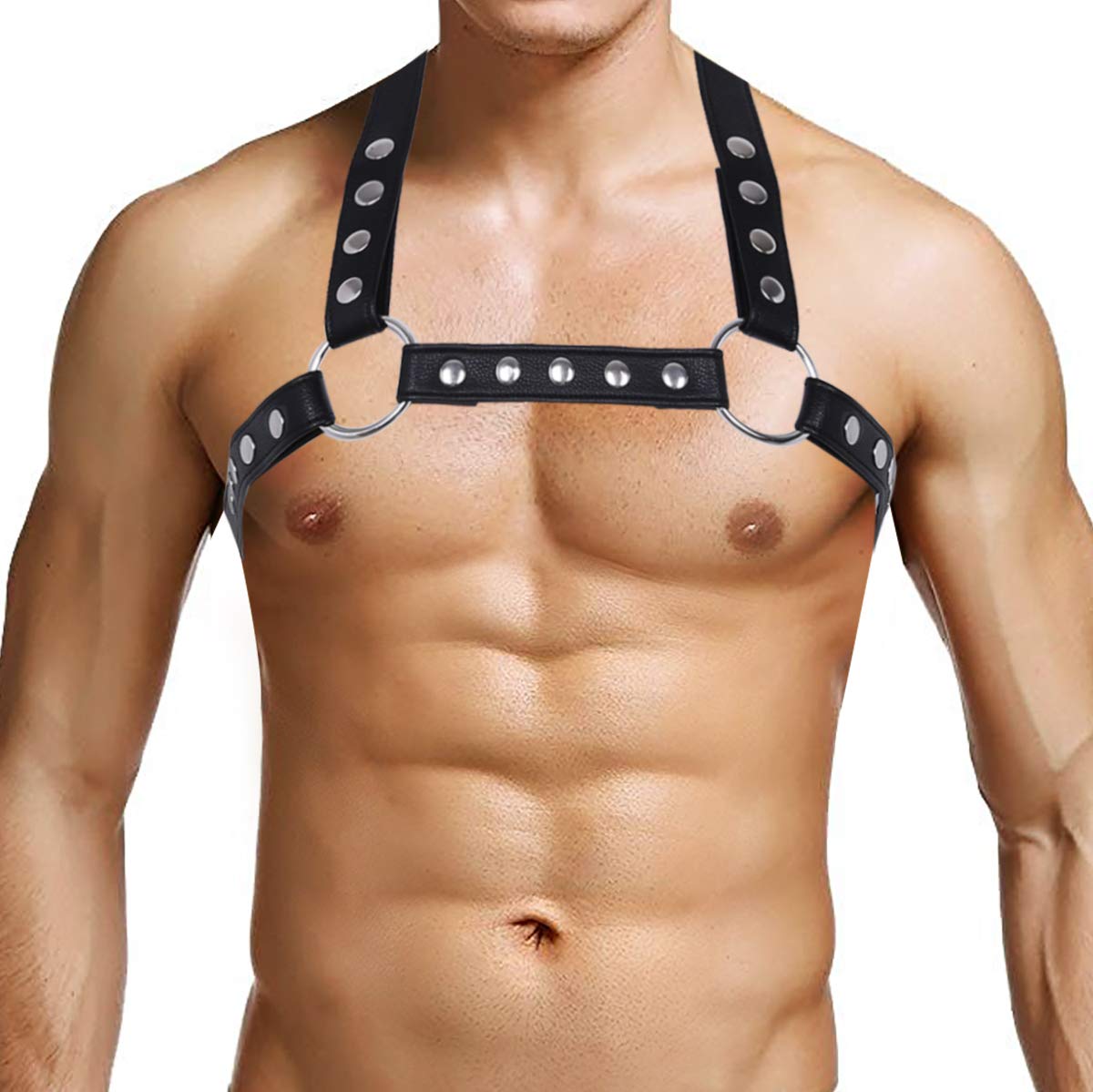 iEFiEL Men's Black Faux Leather Adjustable Buckle Straps Body Chest Harness Belt Cosplay Club Costumes