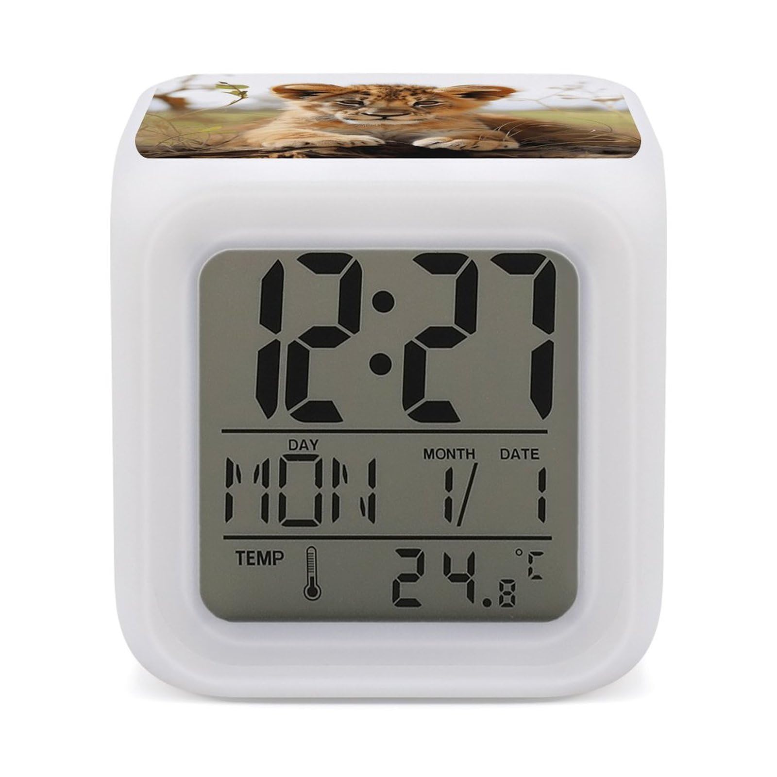 VstaDank Cute Little Animal Lion Alarm Clock for Bedrooms Small Clocks with 7 Color Night Light Desk Clock with Large Numbers Loud Wake Up Timer Ideal for Gift & Room Decor