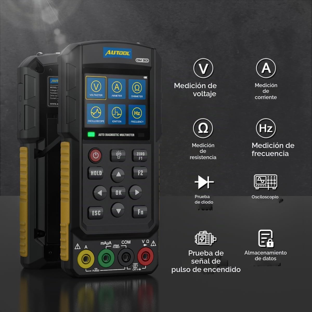 AUTOOL DM301 Probador Multímetro Digital, Voltímetro DC AC, Ohm Volt Amp Mide con precisión Voltaje Corriente Resistencia Diodos Continuidad Osciloscopio Encendido Pulso Señal Temperatura