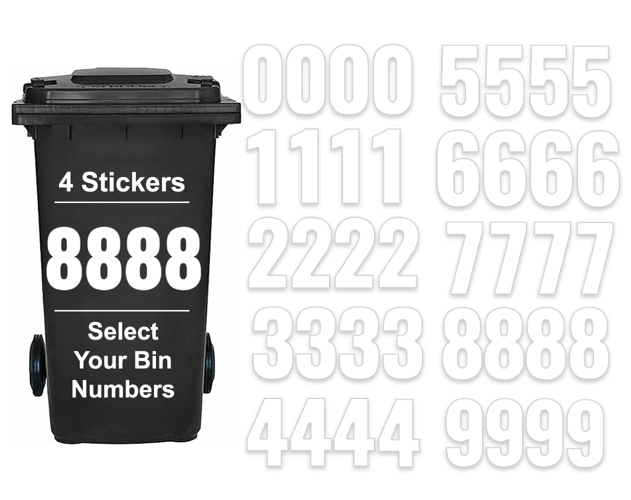 Packwith White With Black Numbers Pack Of 4 Plain White Wheelie Bin Numbers Stickers - 8 Waterproof (17 Cm) Labels For Wheelie & Garbage Bins Packwith®