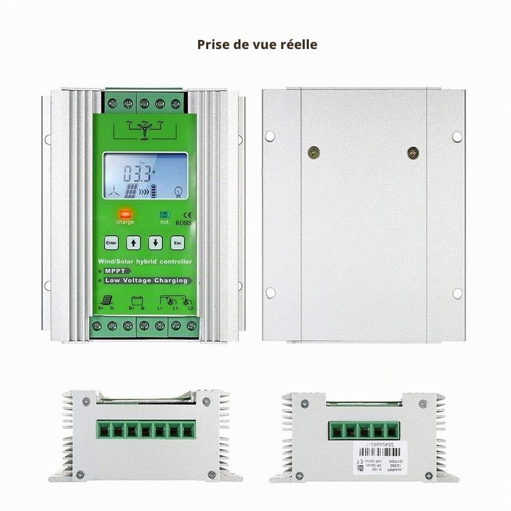 SolaMr 1000W MPPT Contrôleur de Charge Hybride Solaire Éolien 12V/24V avec Afficheur LCD - Solaire: 400W + Éolien: 600W