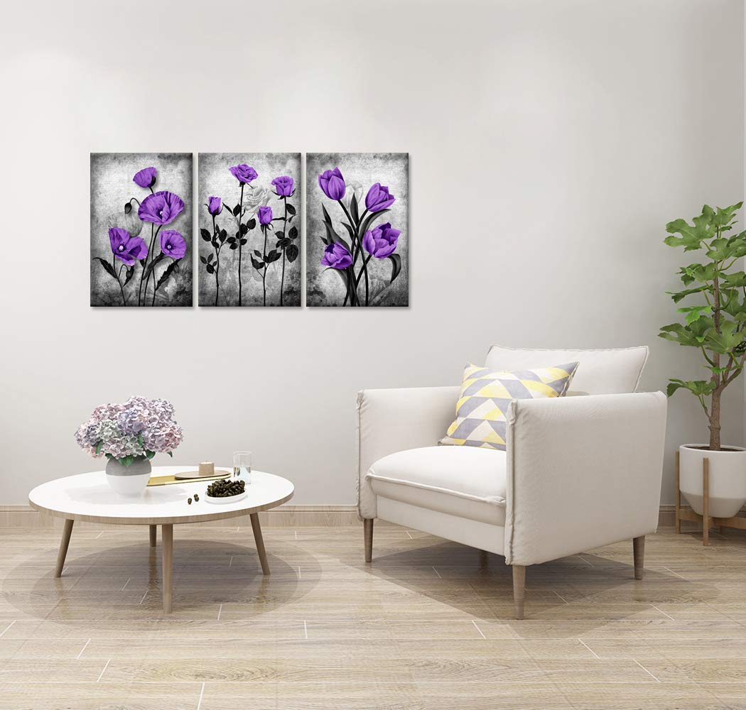 Zlove 3 Pieces Purple Flower Wall Art Rose Poppy Tulip Floral Picture Print for Bedroom Kitchen Bedroom Modern Home Decor Ready to Hang 16x24inchx3pcs