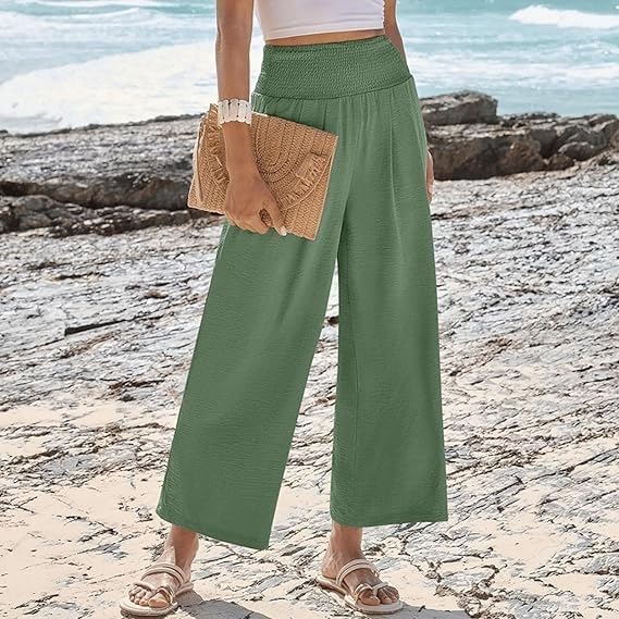 Women's Smocked Waist Wide Leg Palazzo Pants, Women Summer Smocked High Cotton Linen Palazzo Pants with Pockets4
