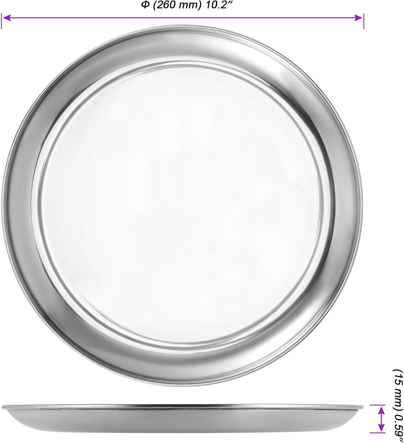 JOIKIT 6 Pack 10 Inch Silver Stainless Steel Plate, Round Metal Dinner Plates, Kitchenware Dinner Dishes Serving Tray Large Camping Plates for BBQ, Snack, Food Serving, Dishwasher Safe