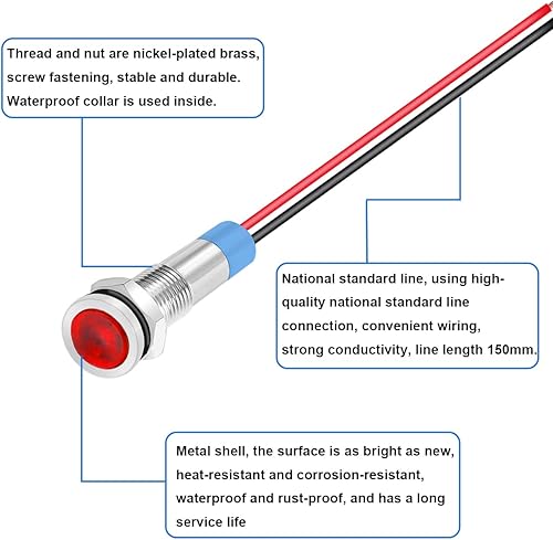 Miniatura 9 de smseace 5PCS DCAC12-24V Oxidado Negro Rojo LED Indicador Luces 14 "(6mm) IP67 Grado Impermeable Oxidado Negro Indicador Lámpara de Señal con 5.906