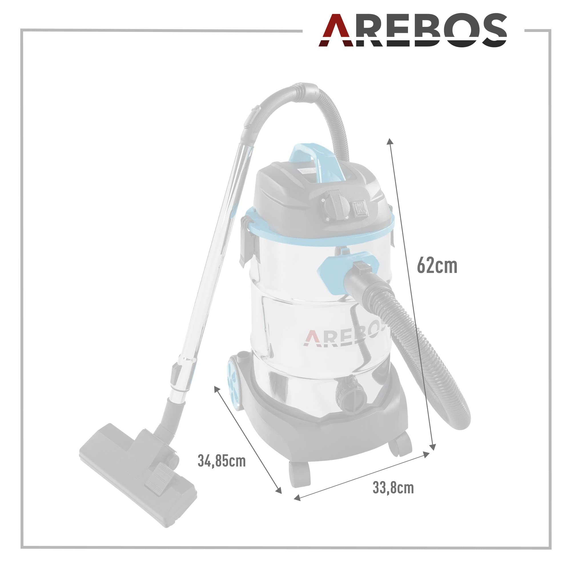 Arebos Aspirador Industrial de Acero Inoxidable | Aspiradoras en seco y húmedo | Utilizar como Aspirador de Cenizas | Aspiradores industriales con y sin Bolsa | 1600W | 30L | Azul