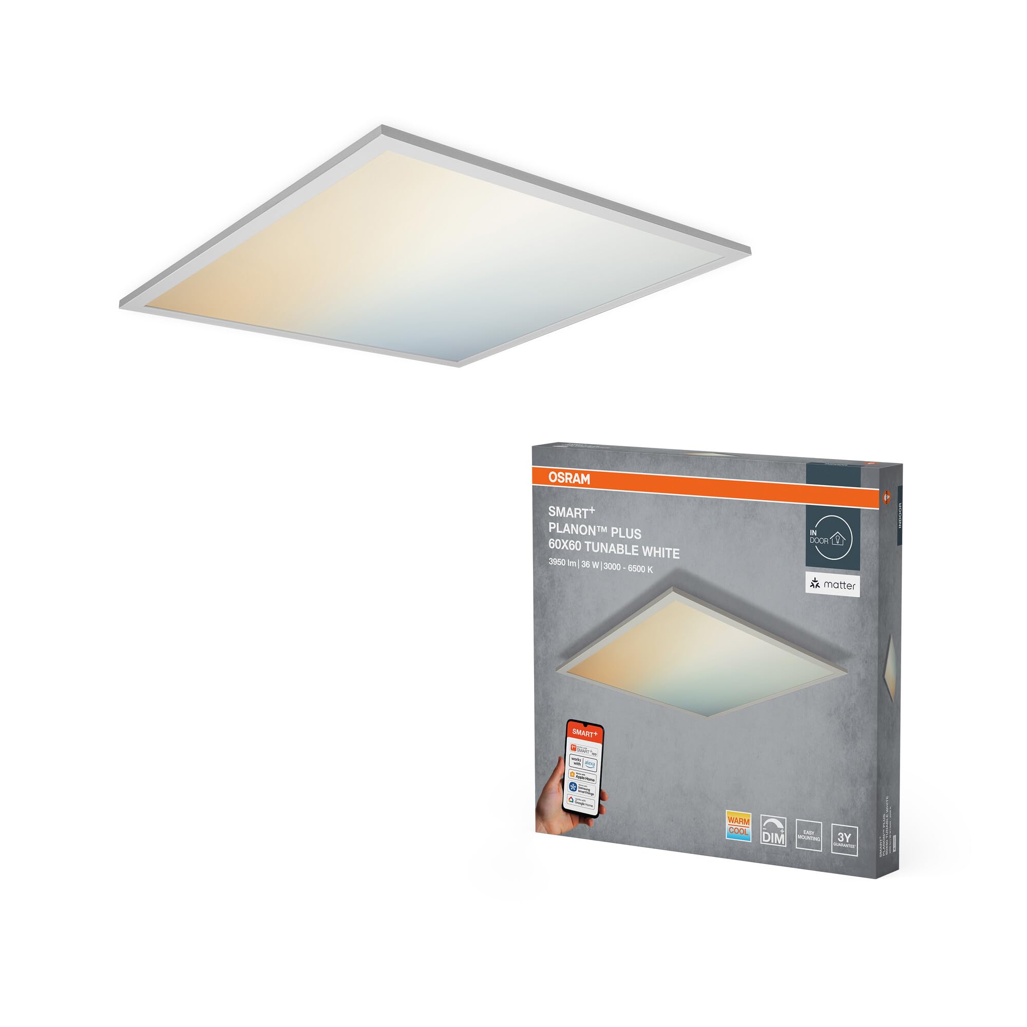 Osram SMART+ Matter Planon Plus LED Panel Tunable White, 600x600mm, 36W, 3000lm, 3000-6500K, Matter WLAN