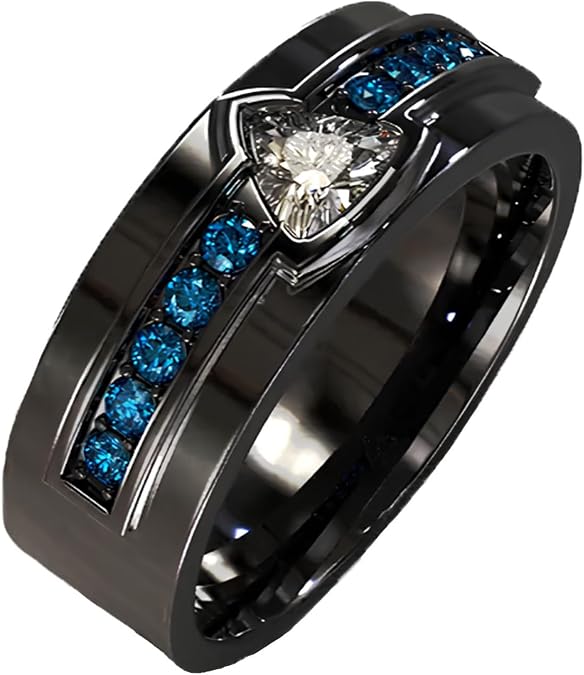 Sterling Silver Moissanite Sapphire Men's Ring 10K14K 18K Black Gold Plated Triangle Cut Moissanite Handmade Vintage Groom Engagement Ring Jewelry Gift Valentine's Day Christmas Husband