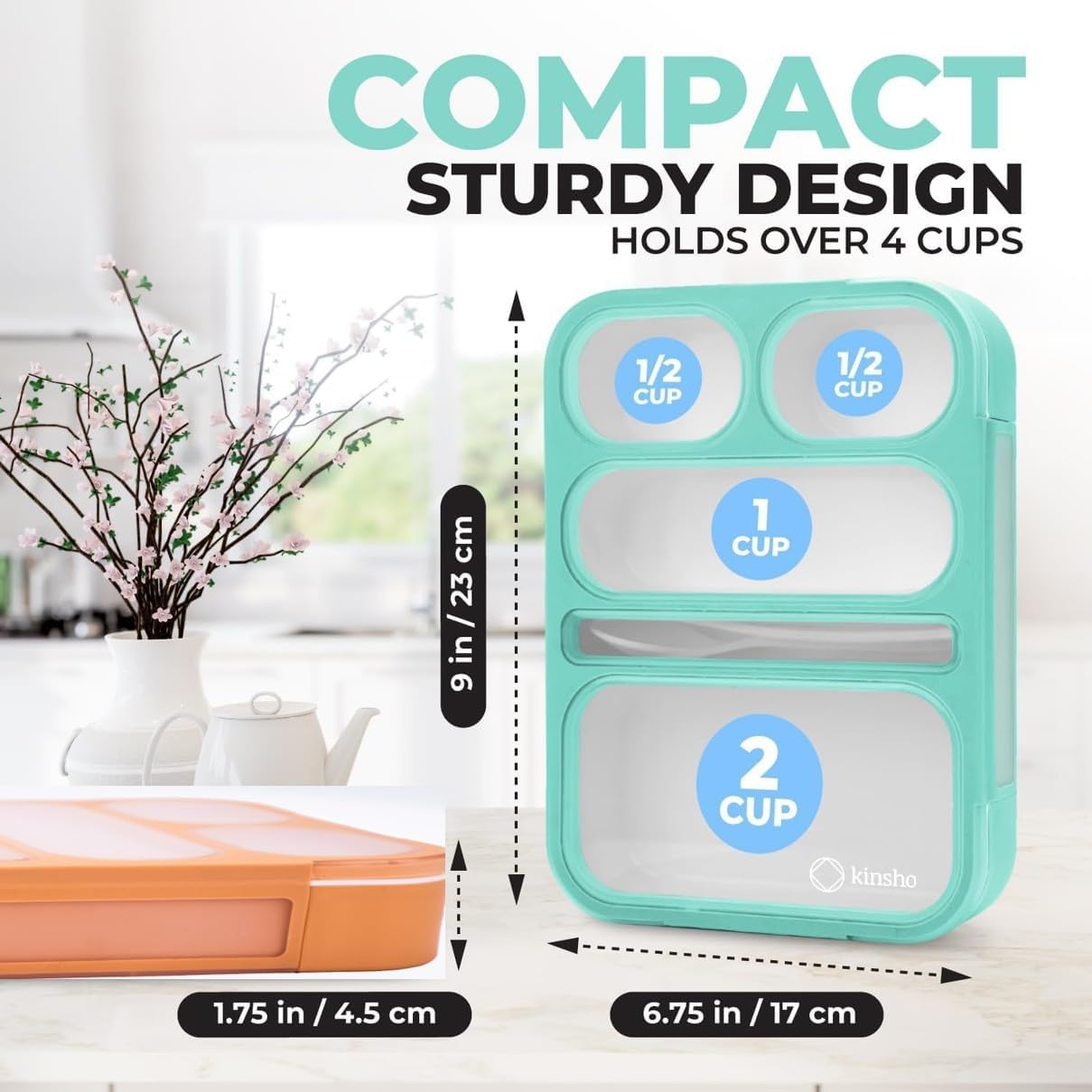 Kinsho Bento Box for Adults and Kids, Leakproof Lunch-Boxes with Custom Fit Spoon and Fork, Portion Control Container, BPA Free, Green + Orange, 5 Compartments, 2 Pack