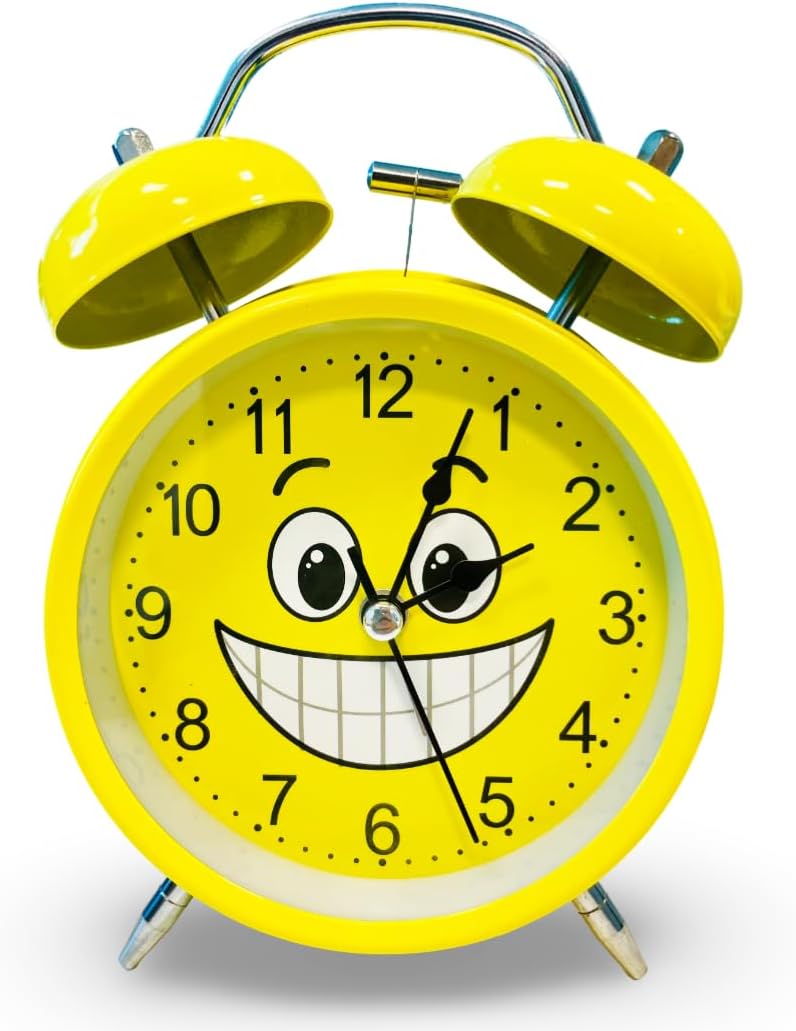 LUKADAH - Loud Alarm Clock for Heavy Sleepers, Smiley Emoji Yellow Trin Trin Twin Bell Table Metal Alarm Clock - Ideal for Home Decor, Kids Room, Bedroom, Living Room - Unique Design & Durable