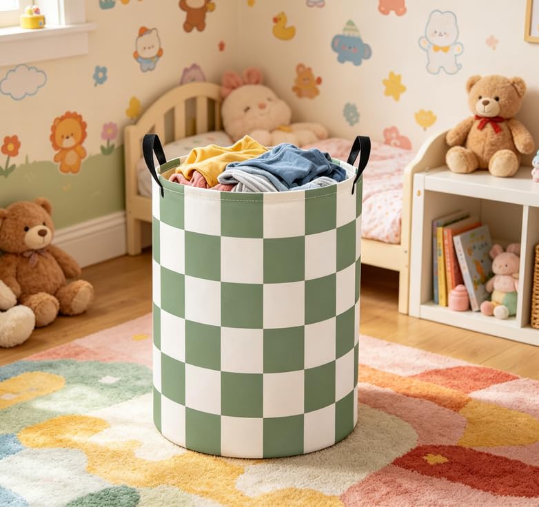Image of Baby Laundry Basket Baby Nursery Hamper Kids Laundry Basket Toy Storage Bin for Boys Room Decor Gift Baskets for Bedroom Bathroom(Green Checkered)