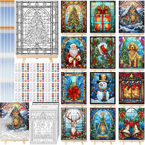 Zhanmai 72 Pcs 12 Sets Sip and Paint Kit Pre Drawn Canvas for Painting 8" x 10" Paint Party Canvas Painting Pre Printed Canvases for Party Favor DIY Virtual Adult's Date Night(Holiday Deer)