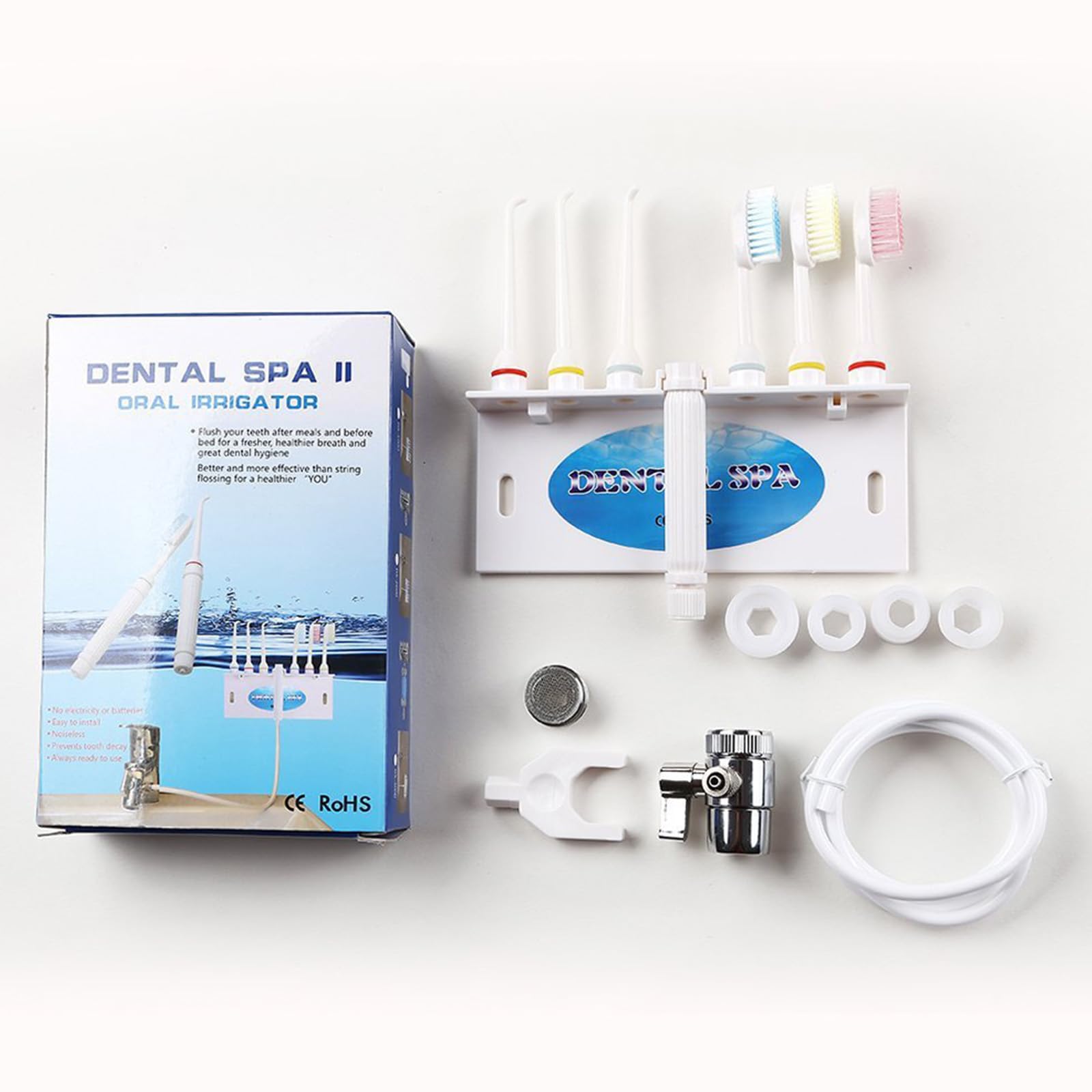 Idropulsore dentale per la pulizia dei denti, non elettrico, si collega direttamente al rubinetto (include 3 ugelli e 3 spazzolini da denti) - Bianco