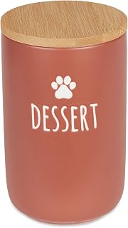 Bone Dry Ceramic Pet Treat Canister Bamboo Lid Keeps Treats Safe and Close at Hand, Dishwasher Safe, 4x6.5, Terra Cotta