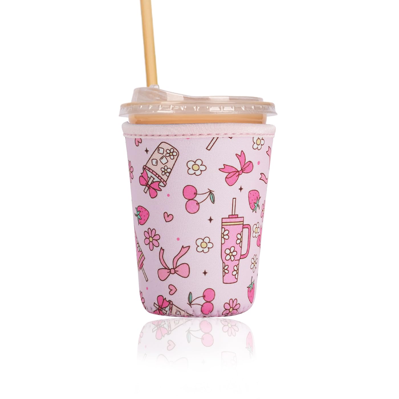 Reusable Insulated Sleeve for Iced Coffee Cup, Coffee Neoprene Sleeve for Cold &amp; Hot Drinks, Beverage Holder for Iced Coffee (Pink Ribbons, Small: 16-18oz)