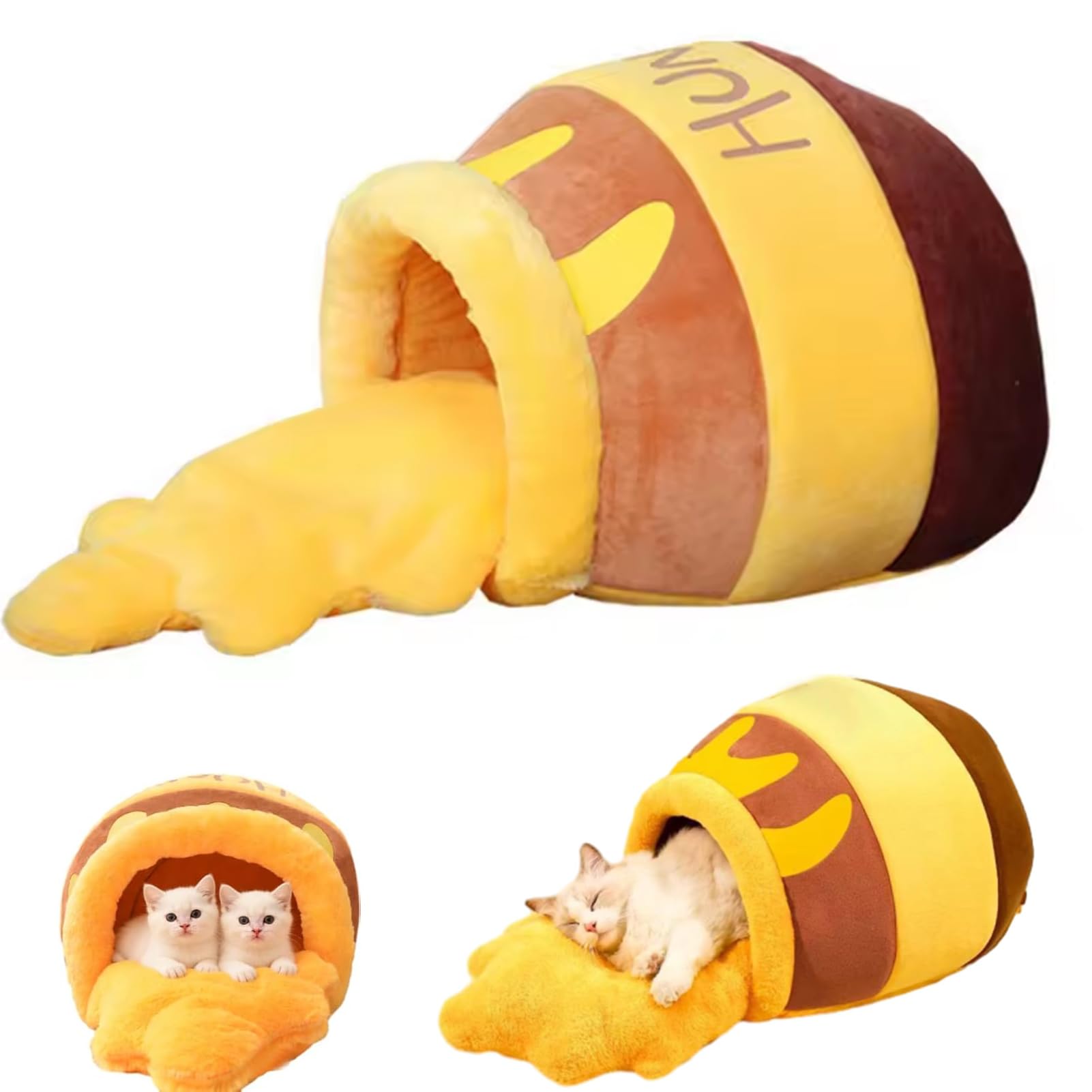 CHENRI Honey Jar Cat Bed, Cute Covered Cat Hut Soft, Cat Mat Honey-Shaped Kennel Kitten Bed, Thick Warm Honey Pot Cat Cave Bed with Removable Washable Cushion, Plush Cat Beds for Indoor Cats (L)