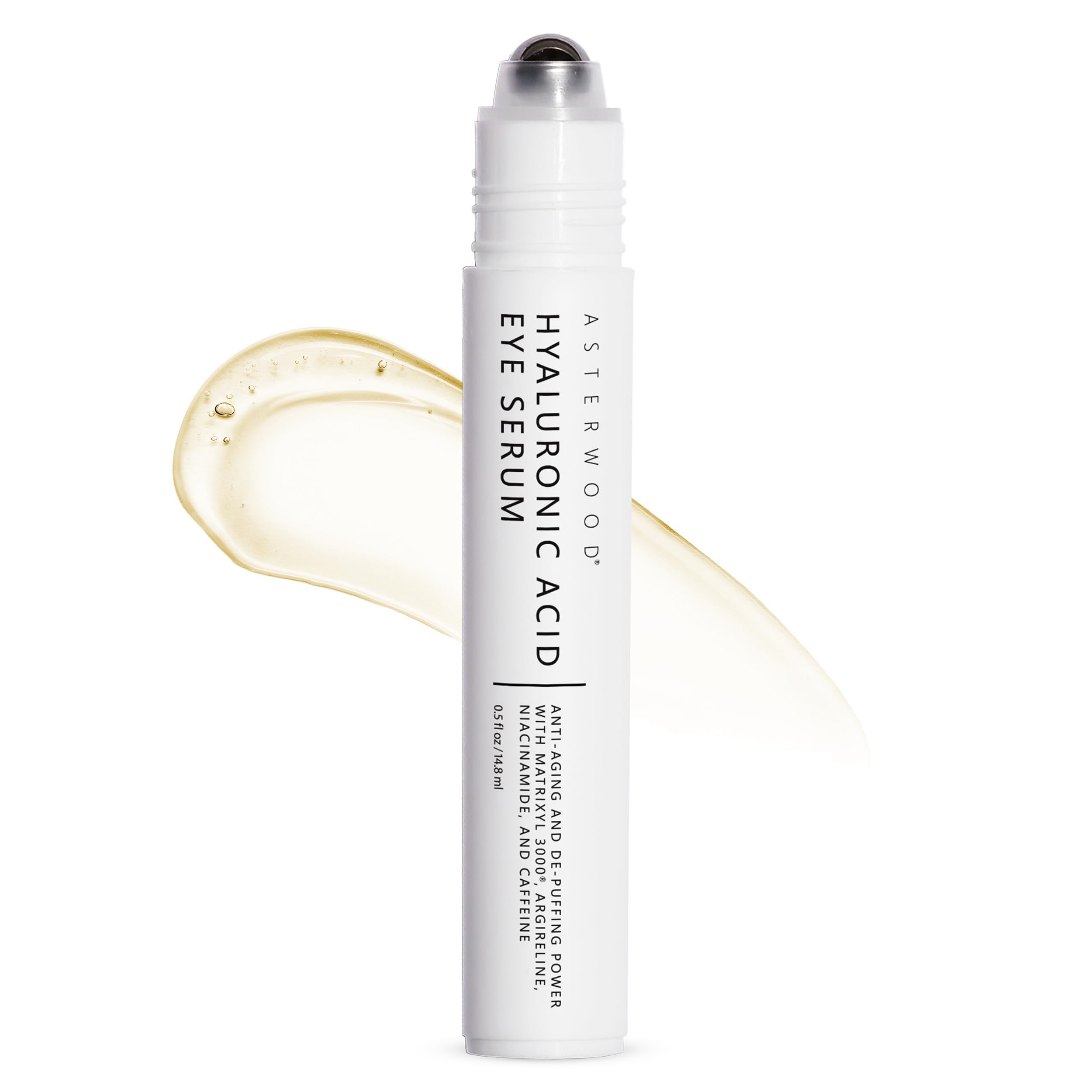 Asterwood Hyaluronic Acid Eye Serum - Reduces Undereye Bags, Wrinkles, Dark Circles, Fine Lines, & Crow's Feet - with Matrixyl 3000, Niacinamide & Caffeine - Treatment for Women & Men - 0.5 Fl Oz