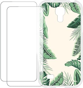 Screen Protector and Case for Galaxy S4 mini Plus - Leaf | 4.3" 2-in-1 Bundle Printed TPU Cover + 2-Pack Tempered Glass Film, Shockproof Protective Kit