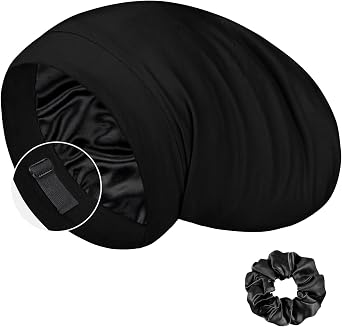 LULUSILK Mulberry Silk Cap for Sleeping Women, Real Silk Sleep Cap for Curly Hair and Braids with Scrunchies