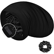 LULUSILK Mulberry Silk Cap for Sleeping Women, Real Silk Sleep Cap for Curly Hair and Braids with Scrunchies