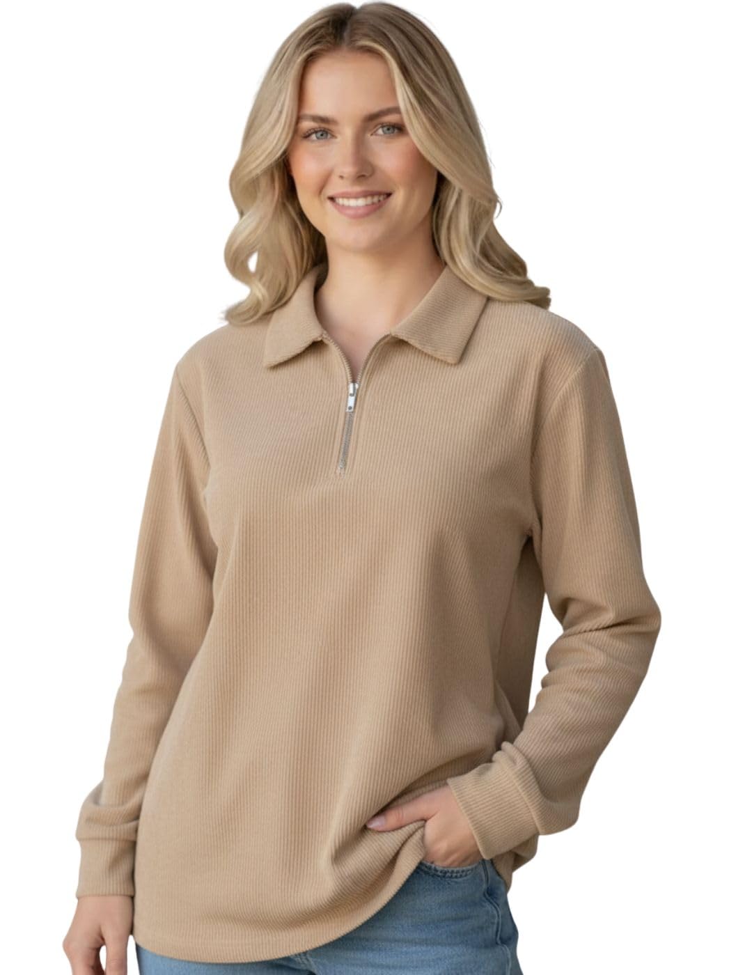 Women’s Ribbed Zip Polo T-Shirt | Full Sleeve Collared Top | Camel Beige Casual Sweatshirt | Regular Fit-M7403