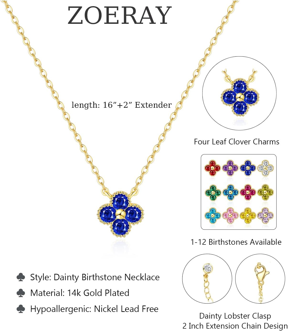 ZOERAY Valentines Day Gifts Birthstone Necklace for Women Non Tarnish 14K Gold Plated Four Leaf Clover Necklace Dainty Gold Choker Necklaces for Women Trendy CZ Emerald Pendant Jewelry Birthday Gifts - Image 5