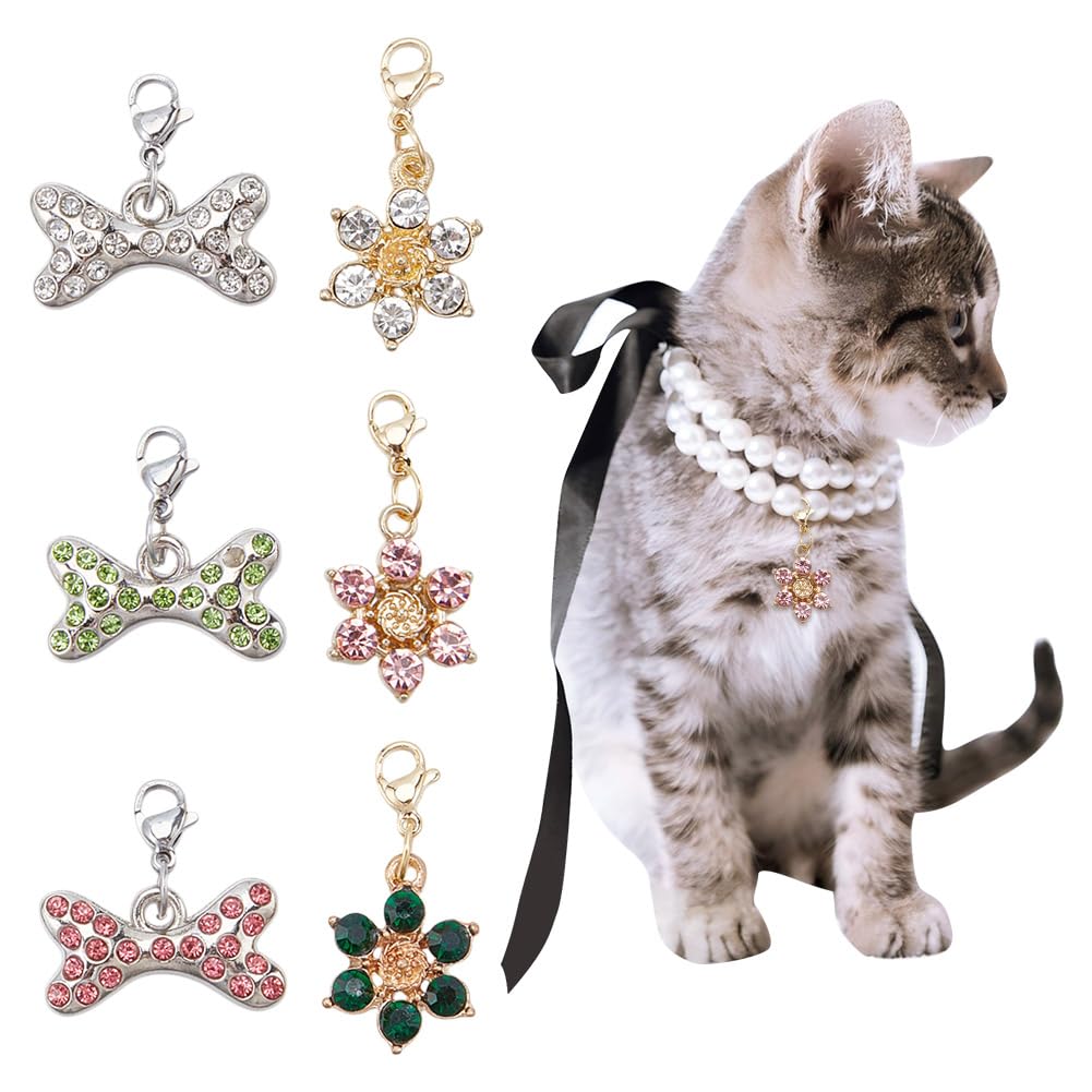 DELORIGIN 6Pcs Bling Rhinestones Bone Charm Pendant Alloy Flower Bone Charm Pendant Pet Supplies Dog Accessories for Pet Dog Cat Collar Necklace Jewelry Making DIY Craft Accessoriey