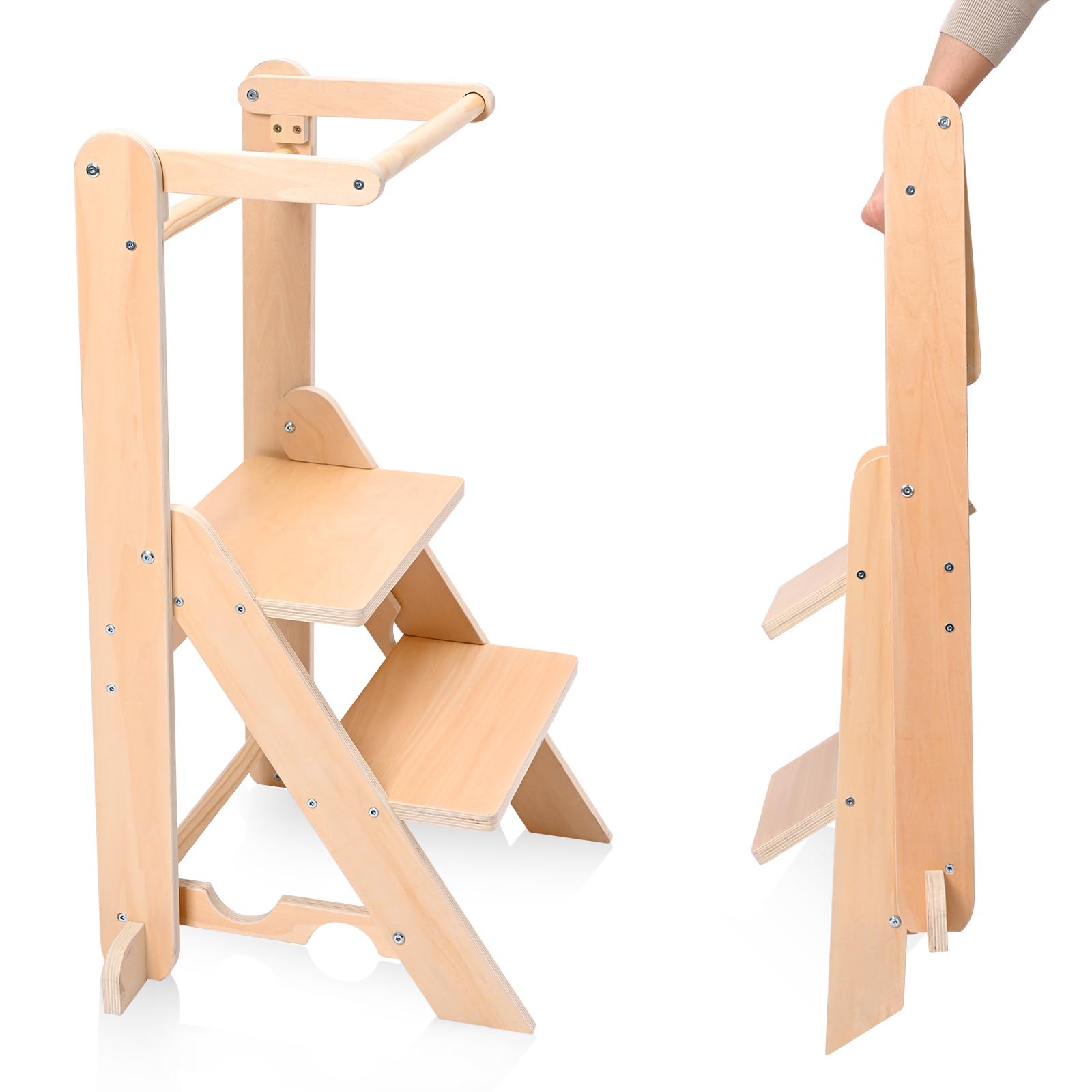 Lernturm ab 1 Jahr, Montessori Lernturm klappbar mit 2-facher Höhenverstellung, Holz Learning Tower Bis 50 kg Belastbar, Toddler Tower Sicherer Tritthocker mit Kippschutz