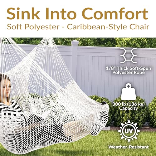 Image of Sunnydaze Outdoor Hammock Chair Swing for Reading - Hanging Hammock Swing for Indoor or Patio - 300lb Capacity - Caribbean XL - White