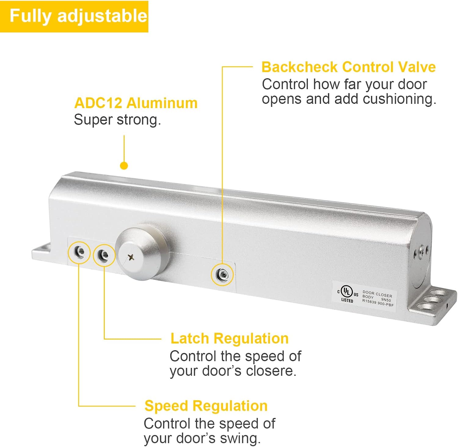 Commercial Door Closer 9016 -Adjustable Grade 1 Commercial Standard Automatic Door Closing, Suitable for Commercial Doors- Medium Traffic Areas - Fitting Instructions UL & UL10C Listed