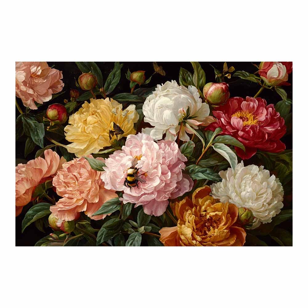 Xeniou Multicolor Flowers Canvas Peony Flowers Withs Bees Canvas Wall Art, For Bedroom Office Home Decorations(Multicolor)-80X120cm Unframed