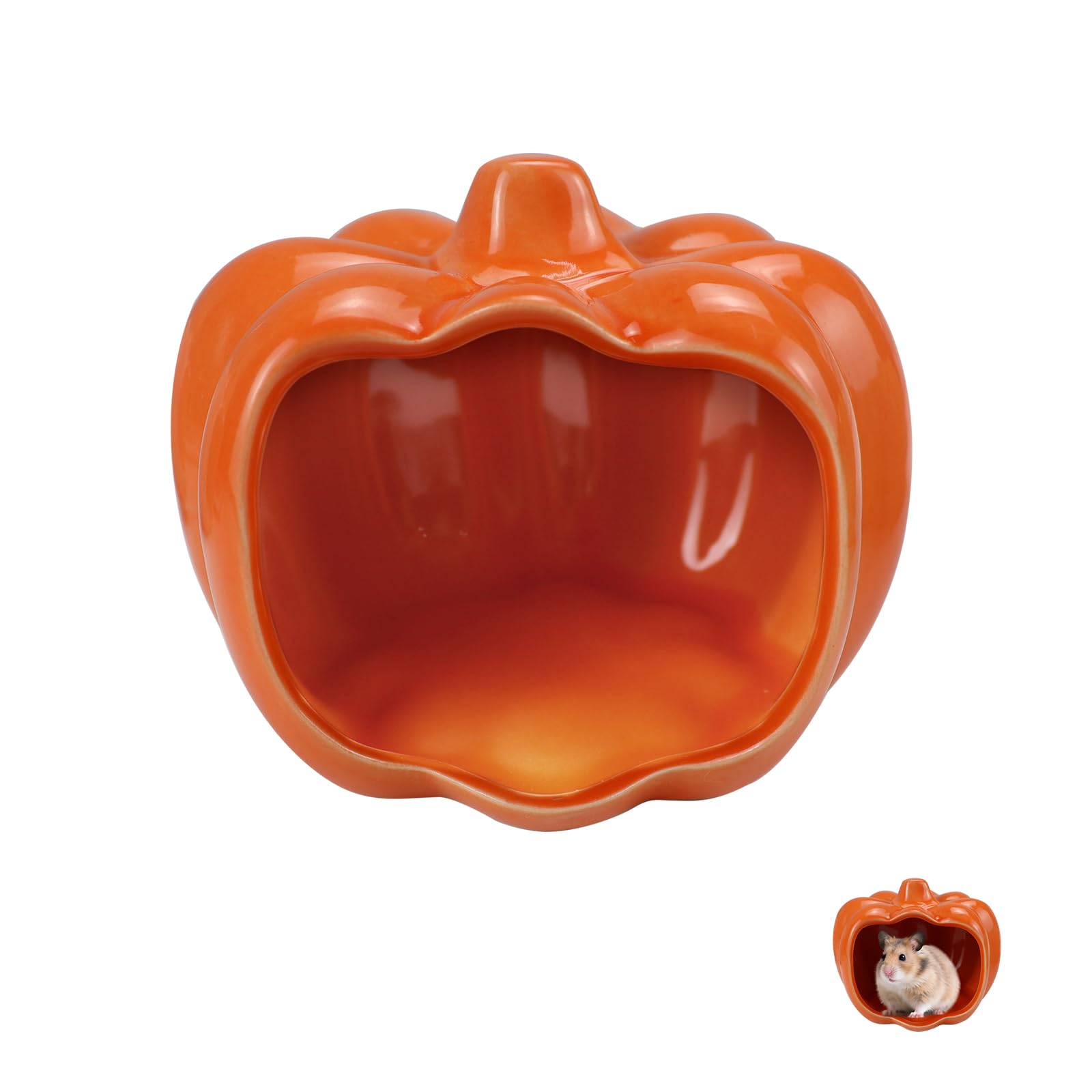 LuckyOpt Pumpkin Shaped Ceramic Hamster Hideout, Cooling Easy Clean Non-Slip Hamster House Cave, Small Animal Habitat for Dwarf Hamsters, Gerbils, Fancy Mice (Orange)