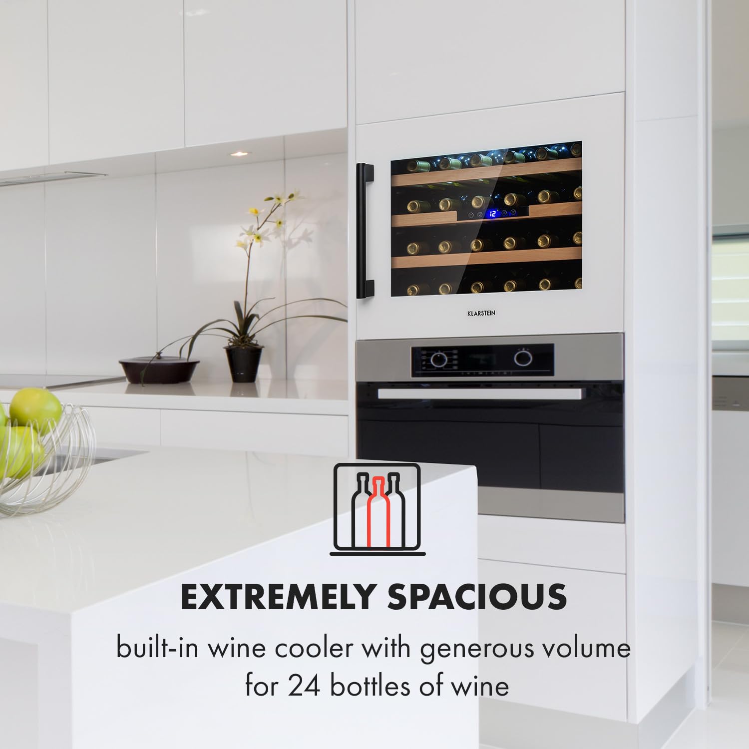 KLARSTEIN Vinsider Built-in Wine Cooler Drinks Fridge, nevera para vino de una zona, botellas de vino prosecco y cerveza, panel táctil, para interior/exterior, 5-22°C, 24 botellas, blanco