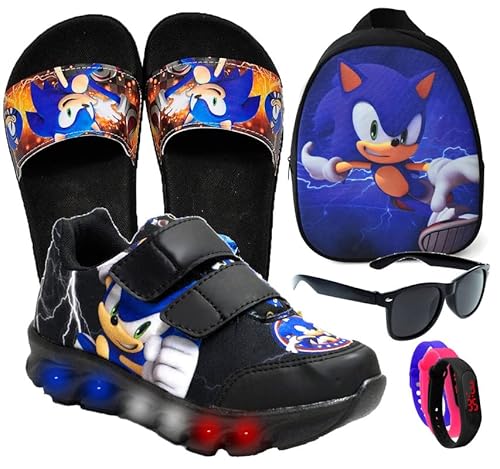 Tenis De Led Masculino Calce Facil Infantil Meninos Original + Mochila Chinelo Pala e Brindes Cor:Pr