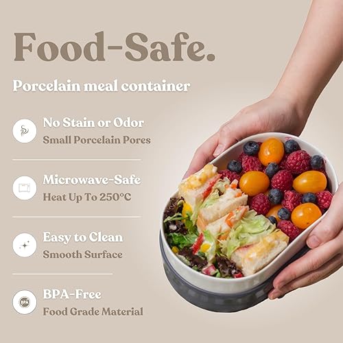 Miniatura 2 de SWANZ Lonchera Bento de cerámica con tapa de silicona y divisor de compartimentos para adultos, reutilizable, hermética, almacenamiento de