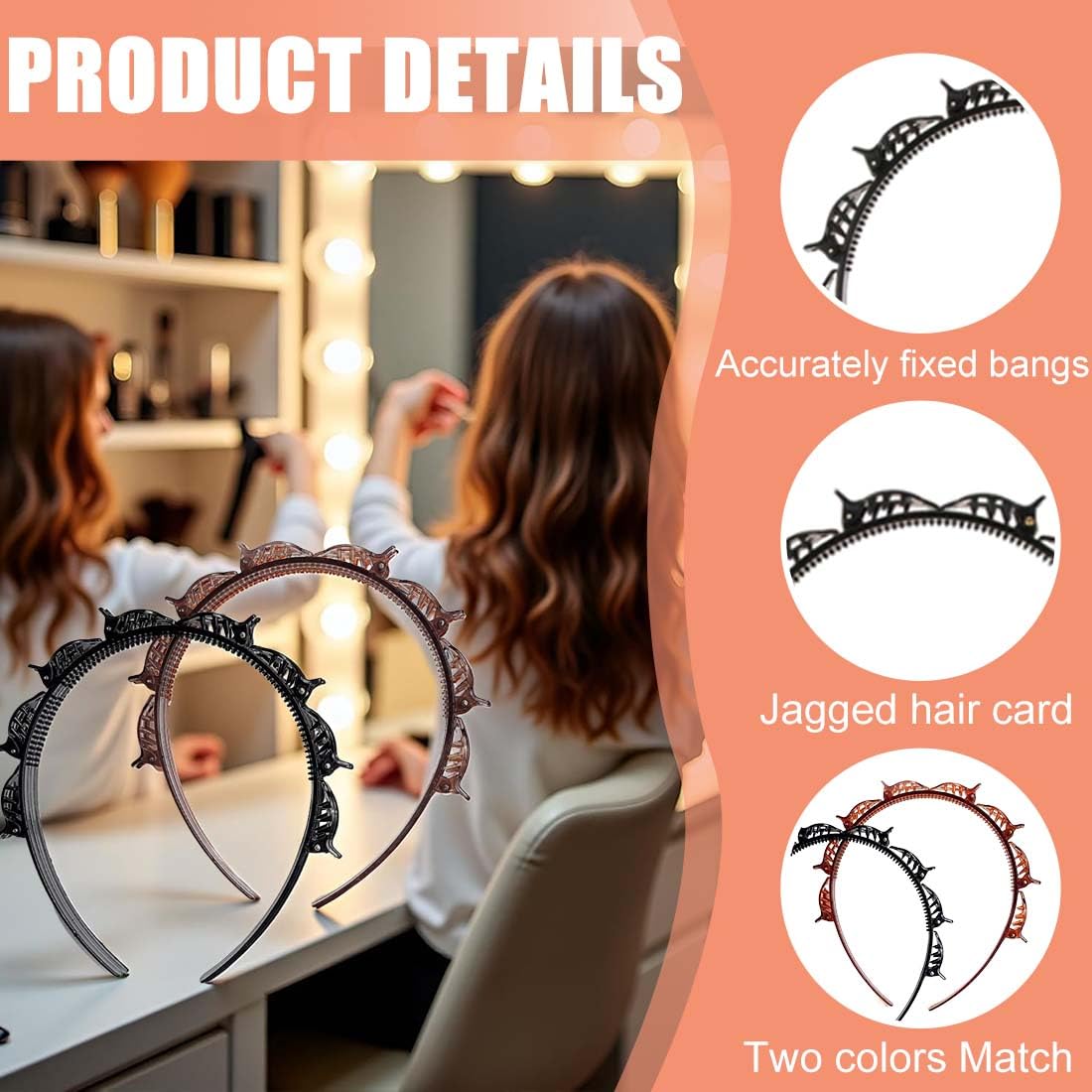 2 Pcs Cerchietti Per Capelli Con Fermagli Cerchietto A Forcina Fermagli Per Capelli Intrecciati Doppia Frangia Forcine Per Acconciatura(Nero,Marrone Scuro)