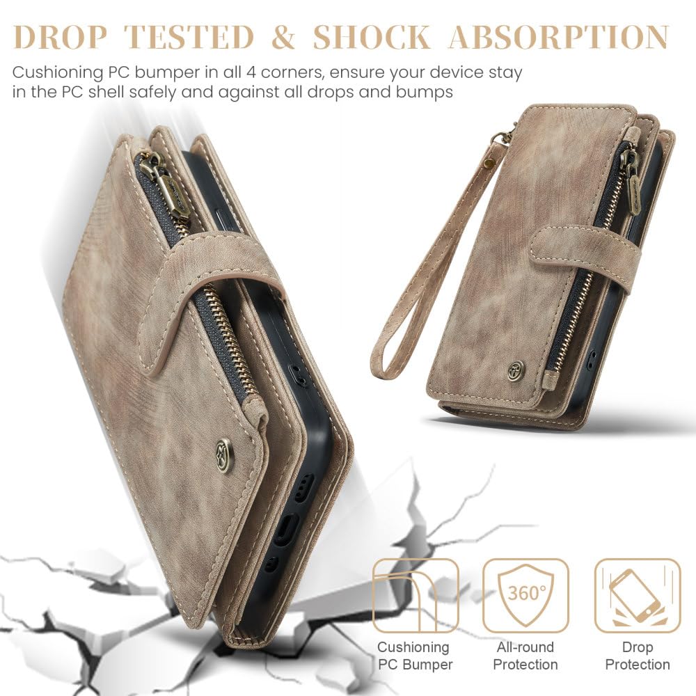 Funda tipo billetera de cuero de lujo para iPhone 15 14 13 12 Mini 11 Pro XS Max X XR Funda tipo billetera con ranura para tarjeta con cremallera para iPhone SE 7 8 Plus, marrón, para iPhone 14 Plus